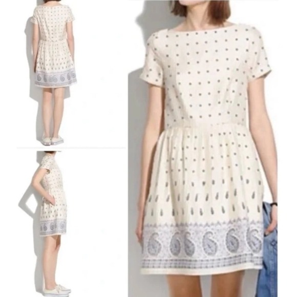 Madewell Cream & Blue Nomad Paisley Short sleeve Mini Dress Size 0 - Picture 1 of 6